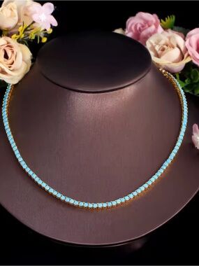 Elegant 18K Gold Plated PVD Turquoise Stone Tennis Necklace